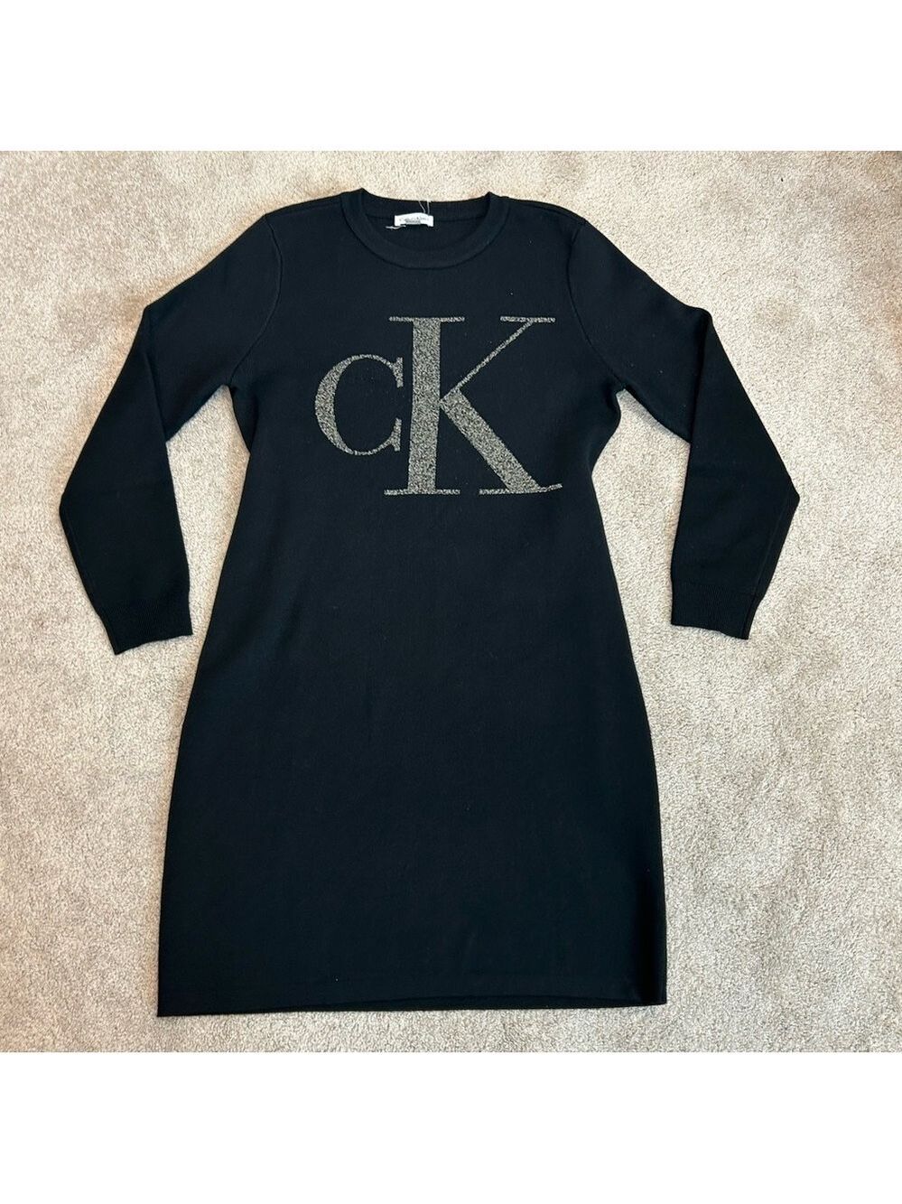 Calvin Klein Black Knit glitter logo tunic sweater Dress Sz L NWOT
